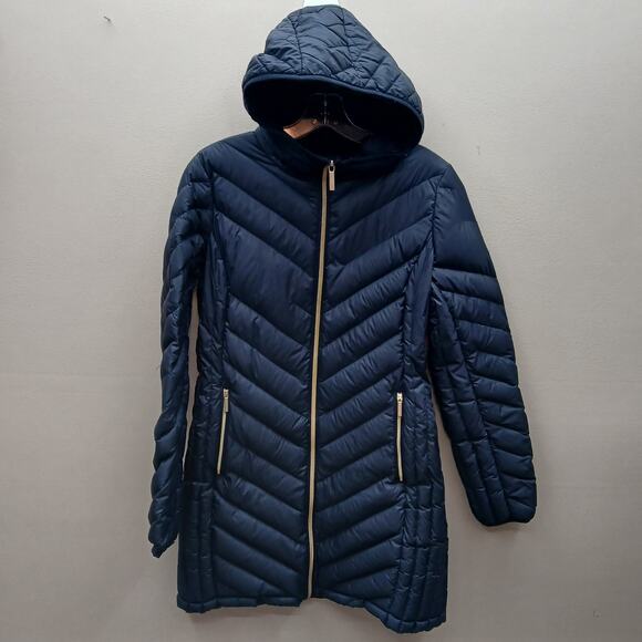 Michael Kors Hooded Quilted Packable Down Long Puffer Jacket Blue Medium FLAWS - Picture 1 of 9